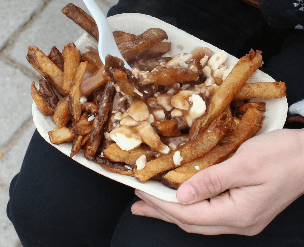 A plate of french fries covered in cheese curds and gravy,